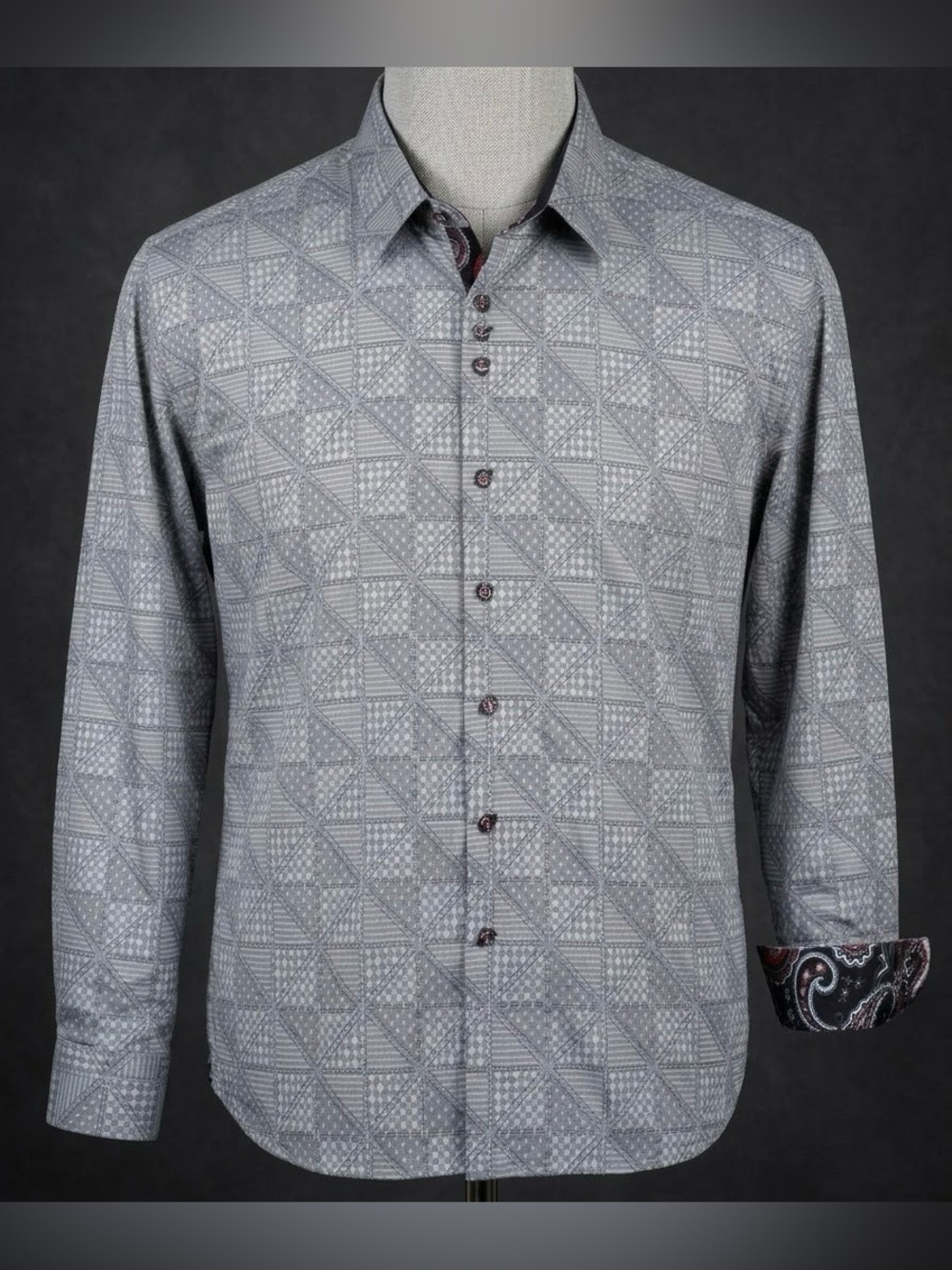 Au Noir Mens Shirt EU 9 5XL Gray Jacquard Geometric Paisley Flip Cuff Button Up